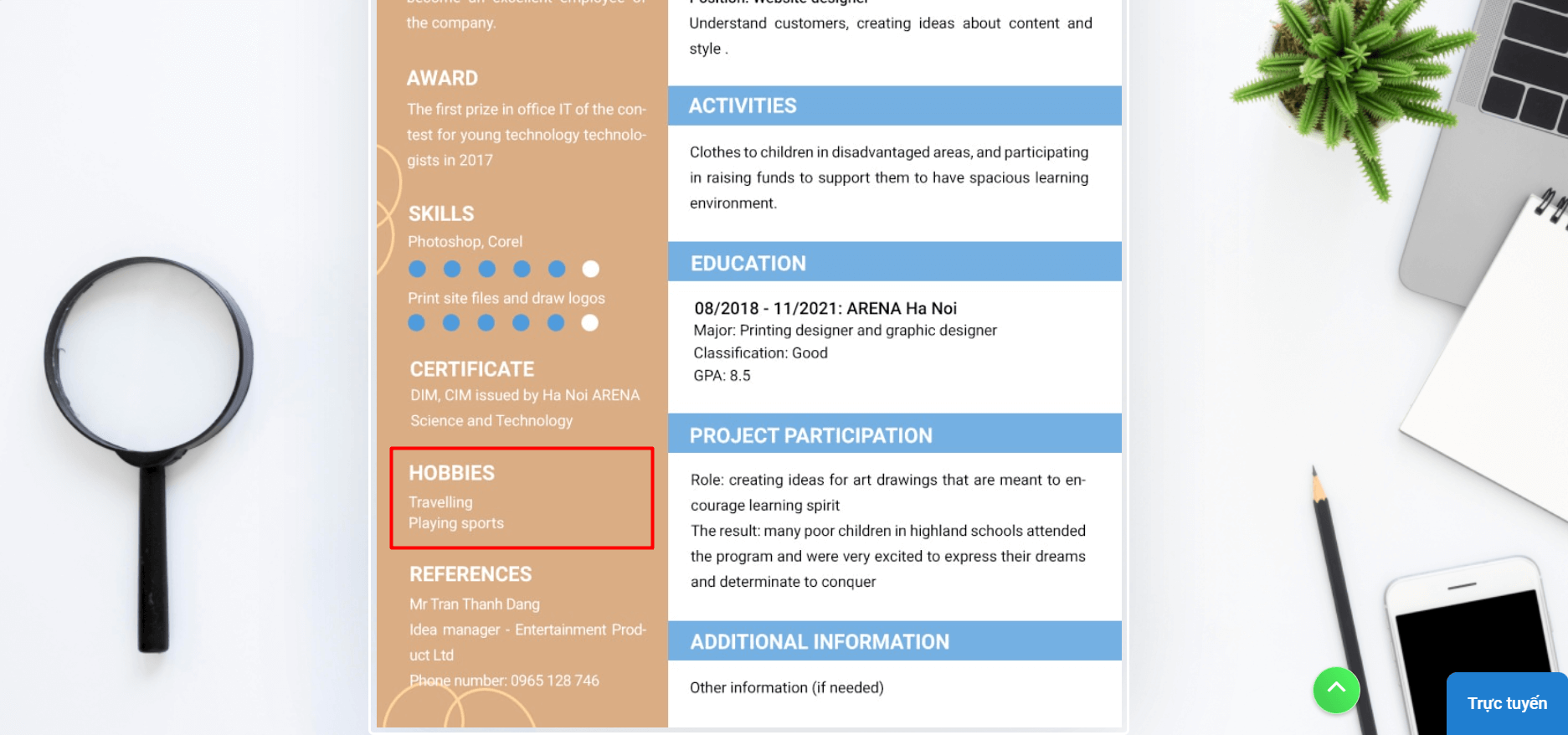 Intertest (sở thích trong CV tiếng Anh)