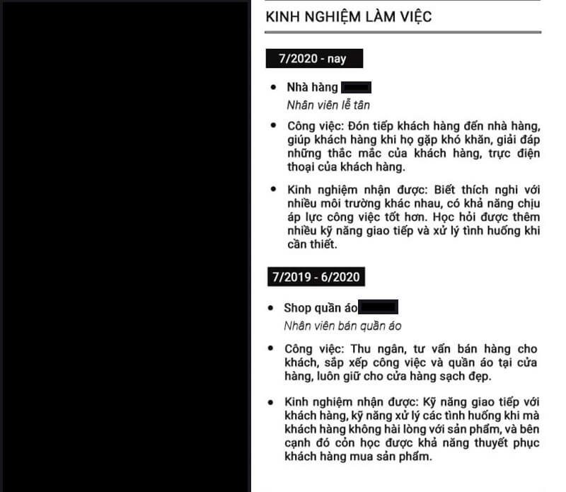 Phần kinh nghiệm làm việc trong CV vị trí lễ tân