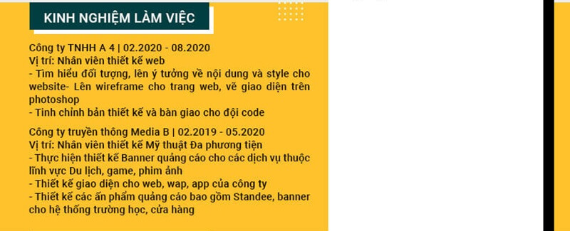 Phần kinh nghiệm làm việc trong CV ngành thiết kế - mỹ thuật