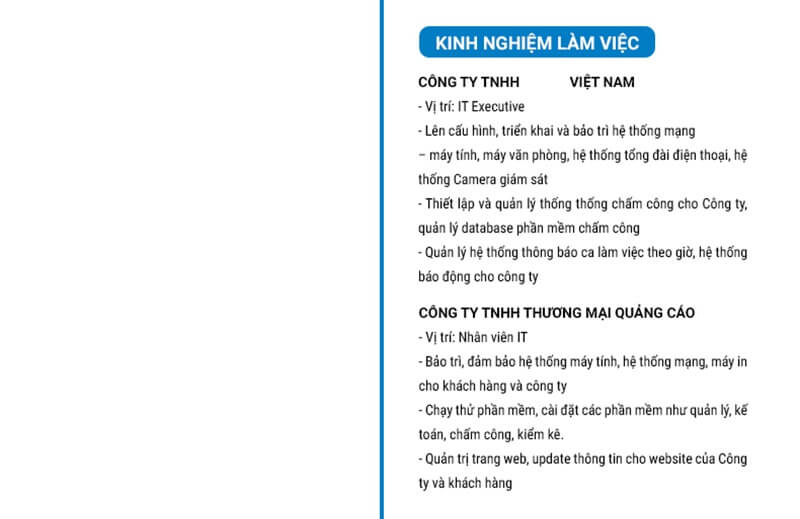 Phần kinh nghiệm làm việc của bản CV xin việc IT phần cứng mạng