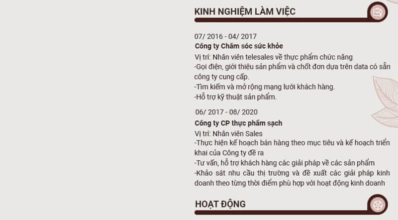 Phần kinh nghiệm làm việc của bản CV xin việc Telesales