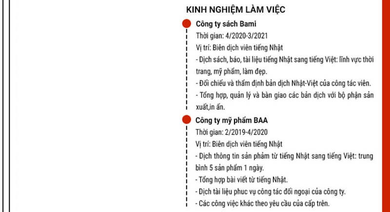 Phần kinh nghiệm làm việc trong CV xin việc ngành phiên dịch