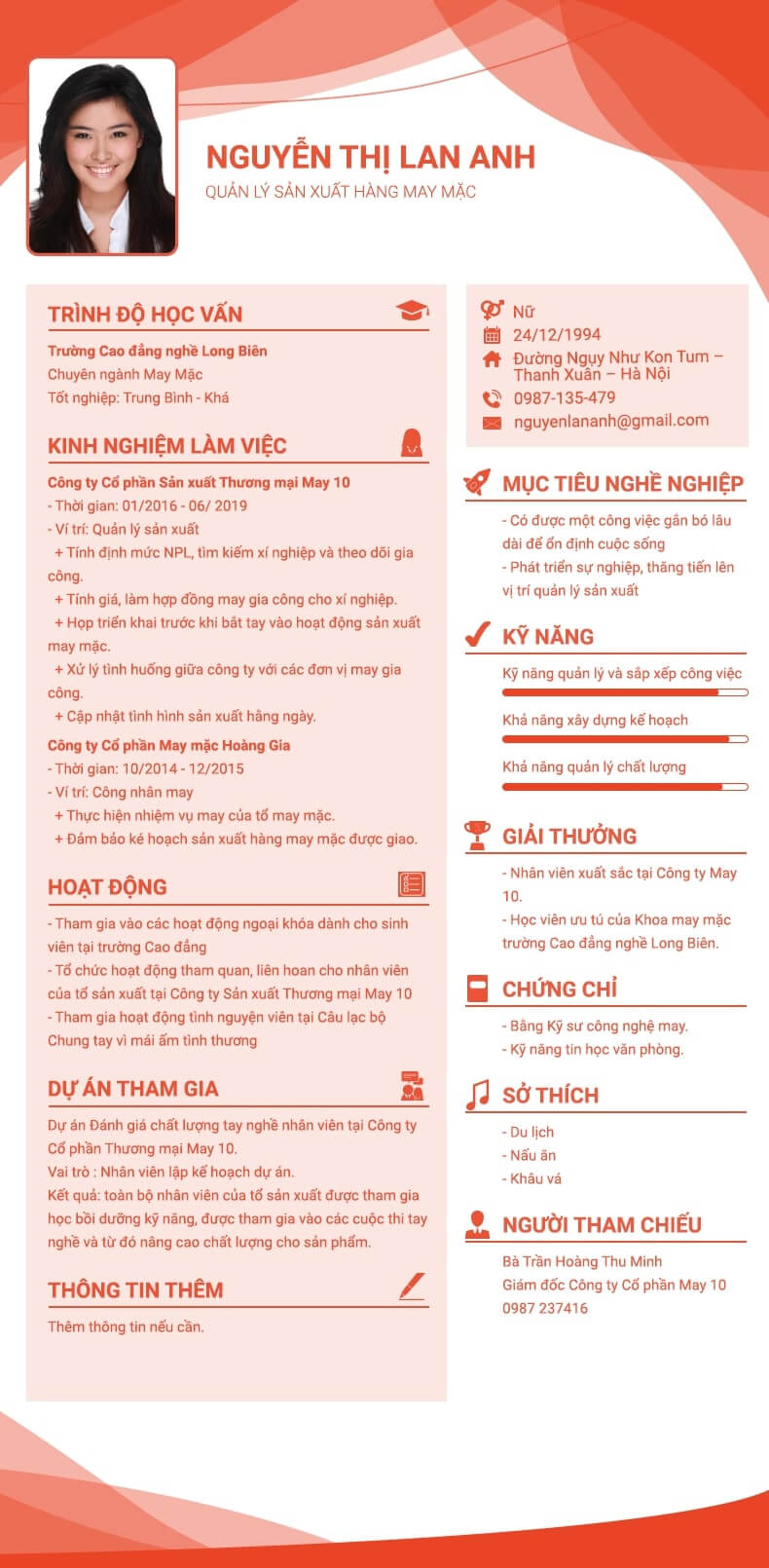 Mẫu CV xin việc vị trí quản lý sản xuất may mặc