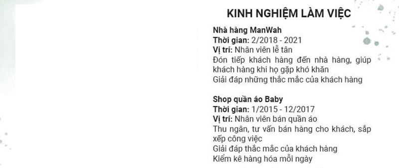 Phần kinh nghiệm làm việc trong CV ngành nhà hàng khách sạn
