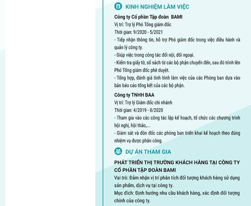 Phần kinh nghiệm làm việc của CV Thư ký - Trợ lý