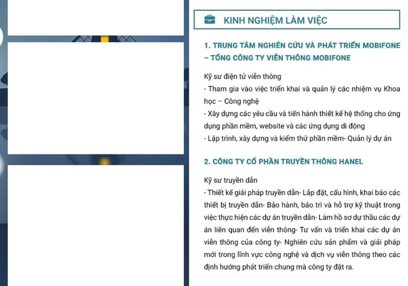 Phần kinh nghiệm làm việc của CV điện tử viễn thông