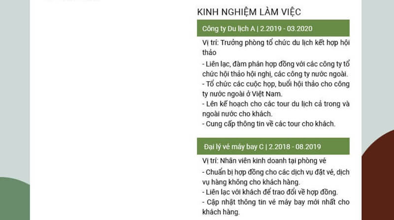 Kinh nghiệm làm việc trong CV của ngành du lịch