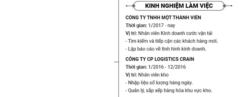 Phần kinh nghiệm làm việc của CV ngành vận chuyển - giao nhận