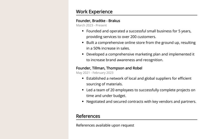 Phần kinh nghiệm làm việc của CV Startup