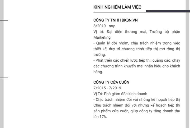 Phần kinh nghiệm làm việc của CV cho vị trí quản lý
