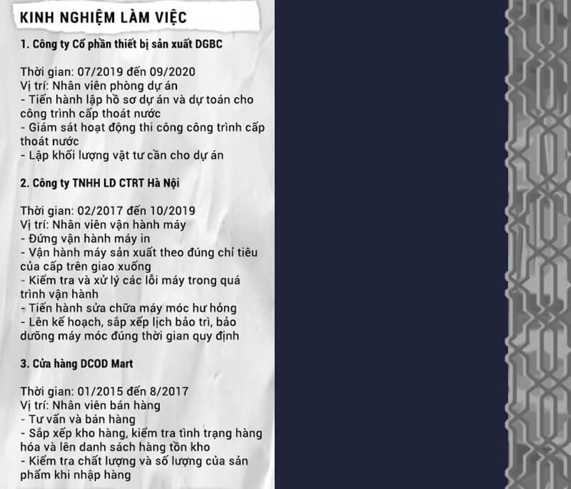 Phần kinh nghiệm làm việc của CV vận hành - sản xuất
