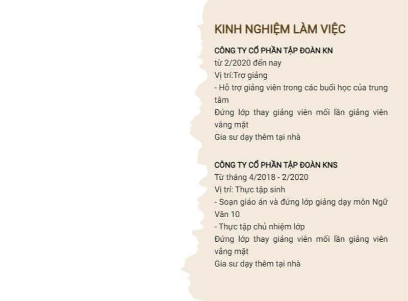 Phần kinh nghiệm làm việc của mẫu CV trái ngành