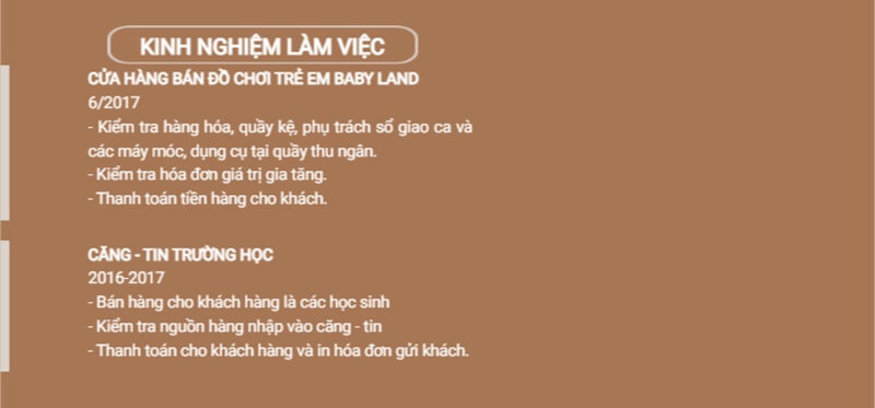 Phần kinh nghiệm làm việc của mẫu CV thu ngân